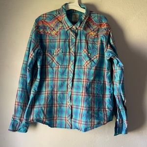 Panhandle Rough Stock turquoise plaid western snap button size XL